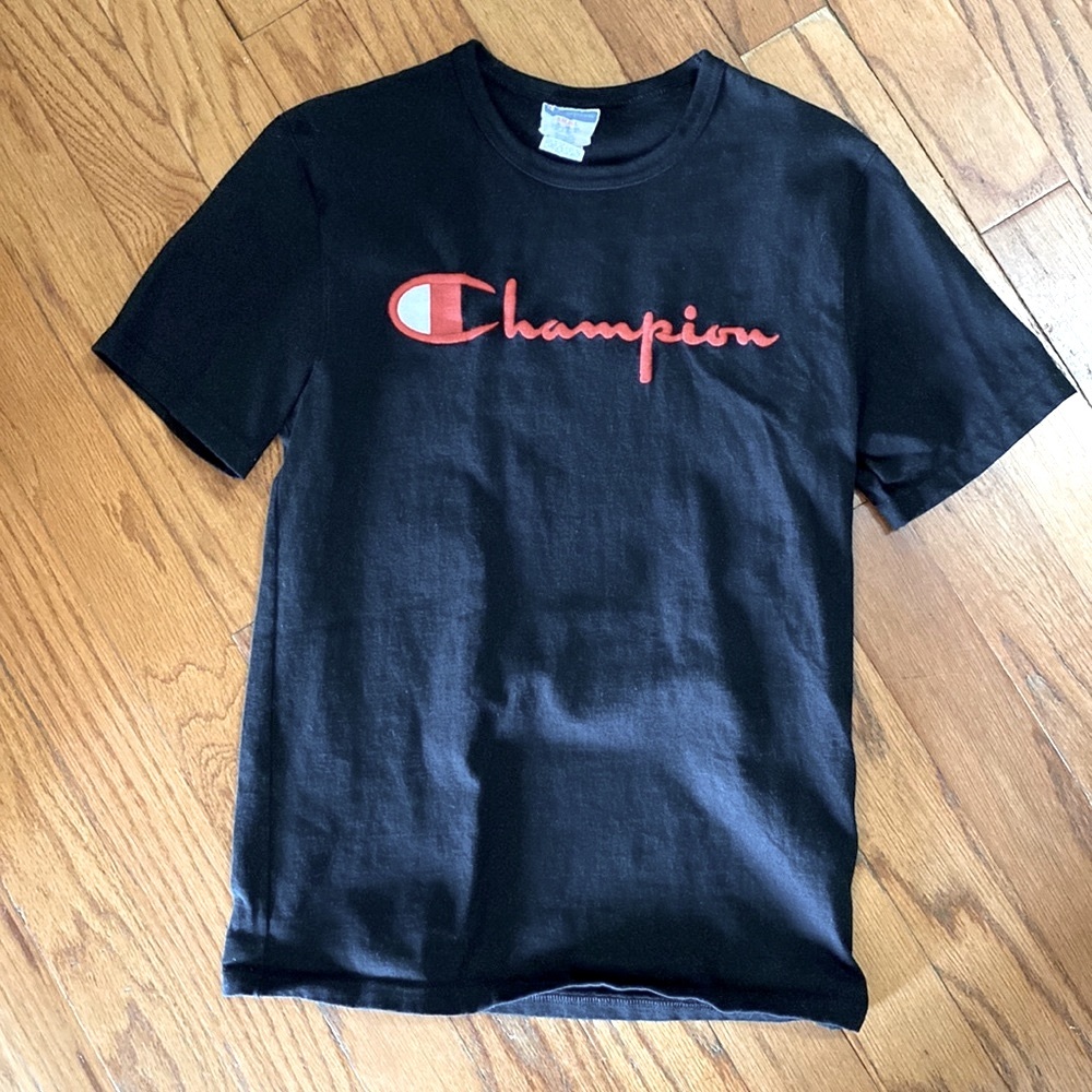 Black Champion Adult Small short- sleeve tee with red embroidered logo